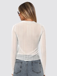 Detailed back view showing the white ribbed texture and sheer fabric of the slim-fit top