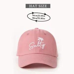 Size guide for pink cotton baseball cap with embroidered salty coconut tree logo