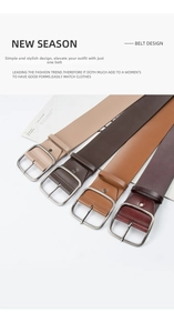 Detail showing high-quality matte leather belts in four colors with silver square buckles