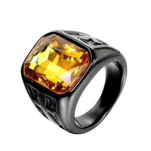 Titanium steel ring with large square yellow gemstone and black embossed patterns
