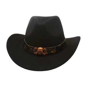 Classic black wool western cowboy hat with leather band and vintage bronze skull emblem