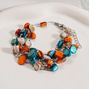 Detail view of multi-layer stainless steel bracelet with colorful shell fragments