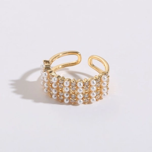 Minimalist adjustable 14K gold-plated open ring with pearls and pavé zircon stones