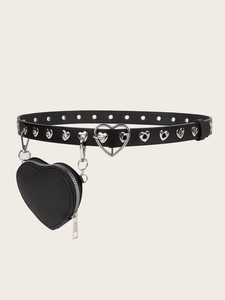 Detail of a black punk waist belt with silver heart hollows and heart-shaped chain pouch