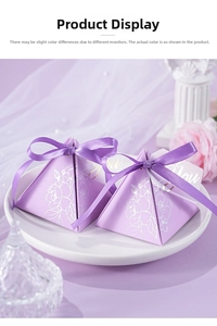 Detailed view of lavender pyramid wedding candy box with satin ribbon and floral pattern