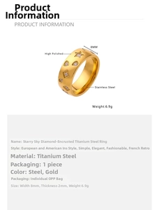 Detailed view of an 8mm 18k gold-plated titanium steel ring with starry zircon geometry
