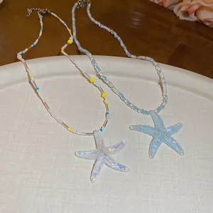 Double-layered starfish beaded necklaces with resin pendants for beach summer vacations