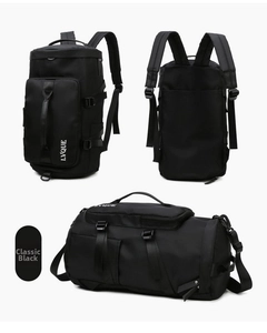 Multi-angle view of black large capacity travel backpack in versatile black color