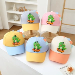 Kids baseball cap with cartoon dinosaur skateboard patch and colorful contrast panels
