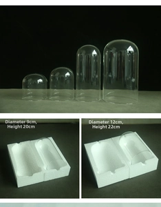 Detailed view of clear acrylic glass domes in various sizes with protective foam inserts