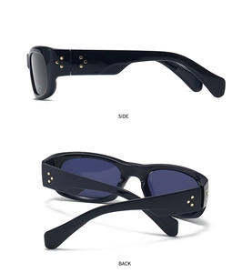 Side and back views of black square sunglasses with golden star rivets on the temples