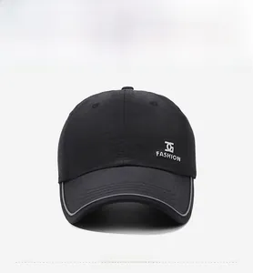 Front view of black quick-dry baseball cap with silver 3D embroidery and reflective brim