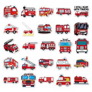 Waterproof fire truck cartoon stickers set including ladder trucks and rescue vehicles