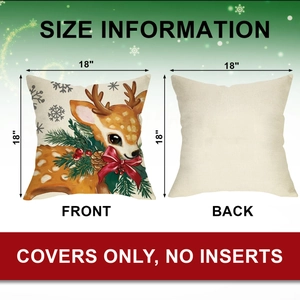 Detailed 18x18 inch Christmas pillow cover with reindeer print and size information