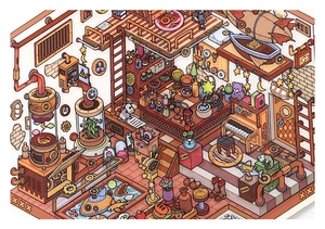 Detail of 2.5D isometric scenery sticker featuring a whimsical inventors workshop design