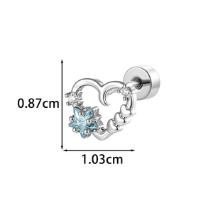 Silver hollow heart stud earring with blue star zircon and dimensions of 0.87cm by 1.03cm