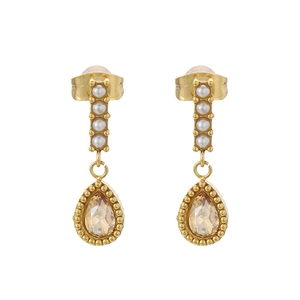 Boucles d'oreilles vintage en or avec perles blanches et zircones cubiques étincelantes