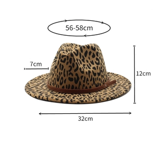 Leopard print wool fedora hat with brown leather band and detailed dimensions