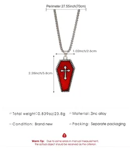 Detailed size chart for the gothic coffin cross necklace showing dimensions and weight