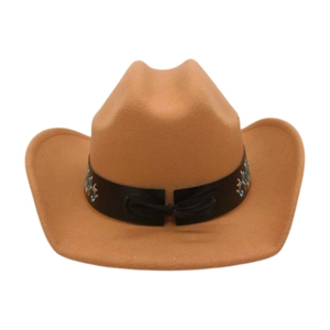 Close-up of turquoise embroidery and black ribbon on a light brown western cowboy hat