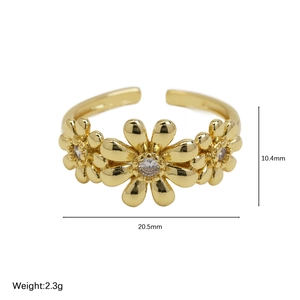 Polished 18k gold daisy flower open ring with zircon inlay and product dimensions