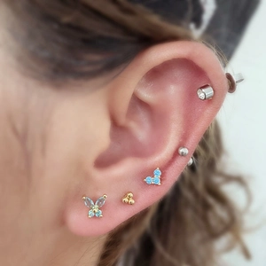 Colorful zircon heart and butterfly stainless steel stud earrings set on ear