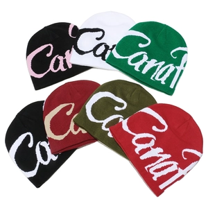 Knit beanie set with Canal lettering jacquard in six various colors for winter fashion