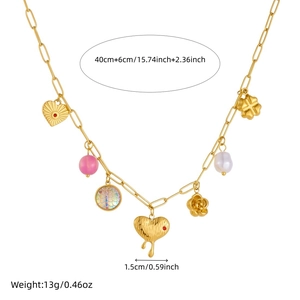 Gold stainless steel necklace with heart and floral charms showing 40+6cm length specs