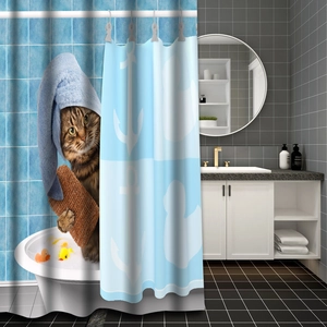 Funny 3D shower curtain featuring a tabby cat bathing in a tub with a rubber duck