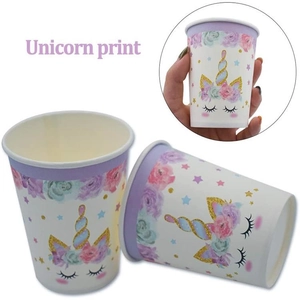 Disposable unicorn party paper cups with purple rim and colorful cartoon prints