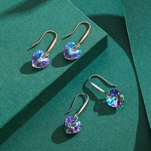 S925 sterling silver heart earrings with colorful crystal pendants in multiple finishes