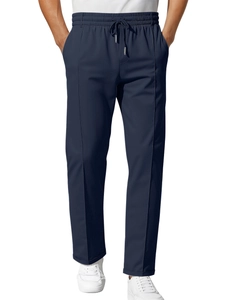 Slim fit navy blue men's casual trousers with elastic drawstring waist and straight cut