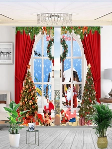 Detailed view of high-definition Christmas themed printing on thick festive velvet curtains