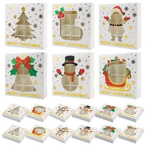 Christmas gift box set with gold foil text, dividers, and festive window cutouts