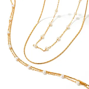 Double-layered gold stainless steel necklace with small white imitation pearls