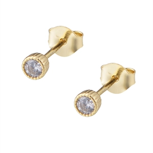 Minimalist S925 silver gold stud earrings with round zircon and textured edge detail
