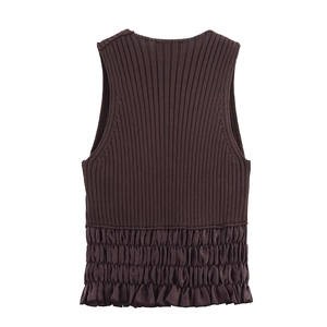 Women's brown knit tank top featuring a ribbed bodice and layered ruffle hem