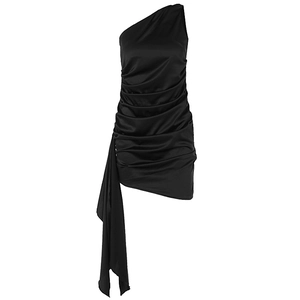 One-shoulder black ruched bodycon mini dress with flowing side streamer and slim fit