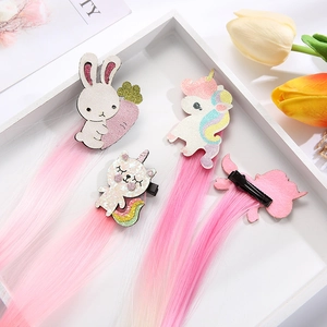 Set of cute cartoon unicorn and bunny hair clips with long pink gradient hair extensions