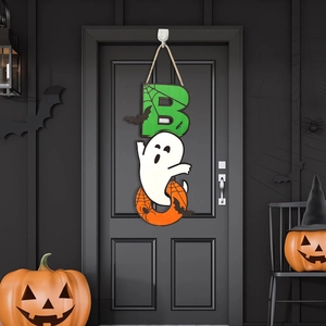 Halloween BOO wooden hanging sign with ghost and pumpkin for festive door decoration