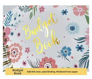Macro detail of budget book featuring gold floral print and spiral coil binding