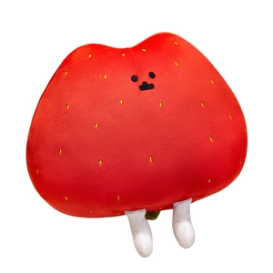Cute strawberry-shaped plush doll cushion with soft red fabric and leaf details