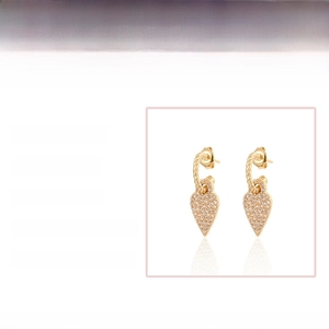 Detailed view of gold filled heart teardrop earrings with white zircon and twisted hooks