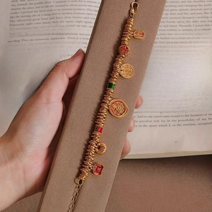 24k gold plated bead bracelet with colorful enamel pendants featuring Chinese characters