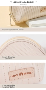 Close-up of semi-circular makeup bag with quilted texture and custom leather logo label