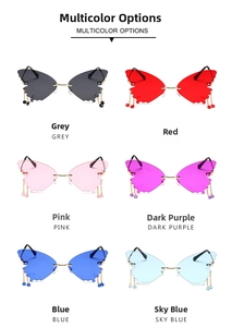 Detail of butterfly rimless sunglasses with colorful lenses and metal chain ornaments