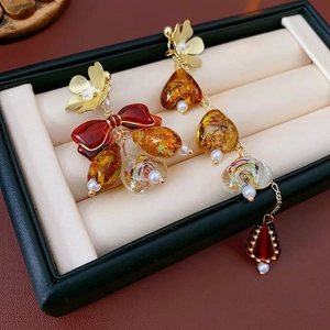 Vintage amber heart and red bow asymmetric tassel earrings in gold jewelry box