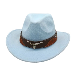 Classic light blue felt cowboy hat with longhorn metal ornament and studded brown band