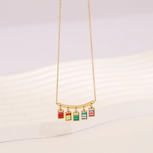Minimalist gold necklace with a curved bar and five colorful rectangular glass pendants
