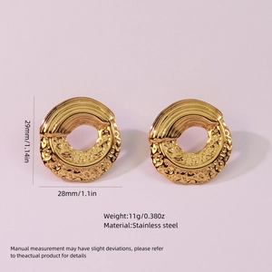Detail showing dimensions of round gold stainless steel earrings with hammered texture
